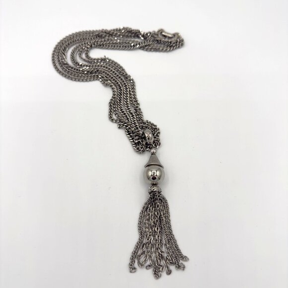 Vintage Silver Tone Tassel Necklace Fringe Pendant - Picture 8 of 9